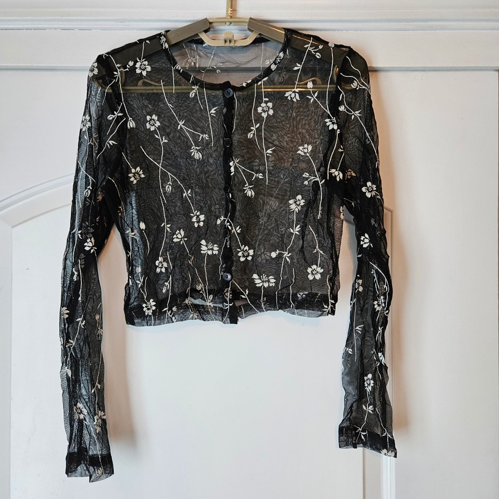 Sheer Black Floral Mesh Cropped Cardigan Top Small Fairy Grunge Whimsigoth